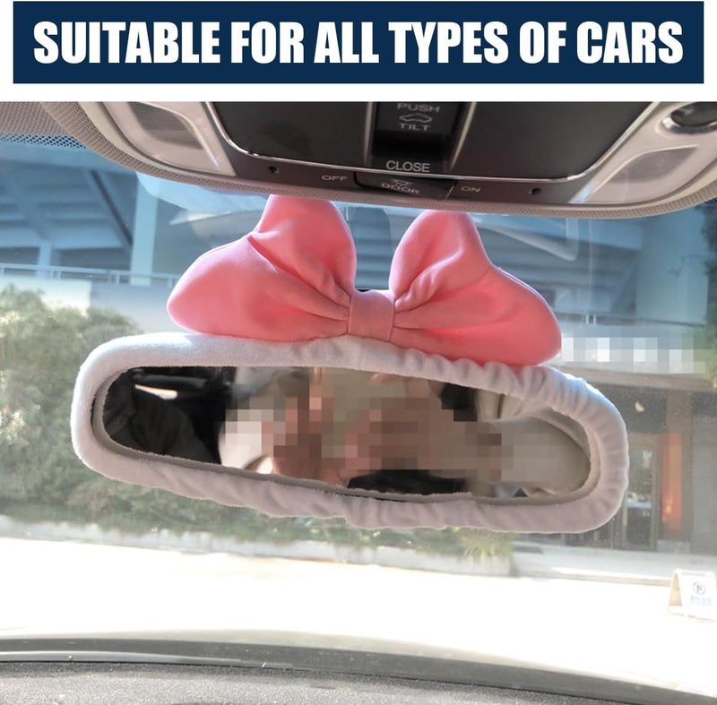 Bittwee Car Rearview Mirror Cover, Auto Interior Elastic Comfortable Rear View Mirror Protector Decorative Accessories for Girls Women Man Gift, Universal for Vehicles, SUV, Truck, RV (White/PInk) - Image 4